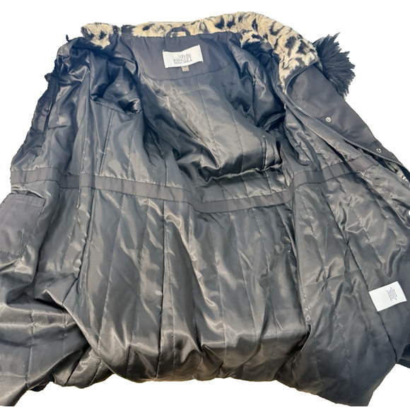 Belle Badgley Mischka Women's Medium Parka Jacket Black Leopard Faux Fur Hood - Picture 12 of 16